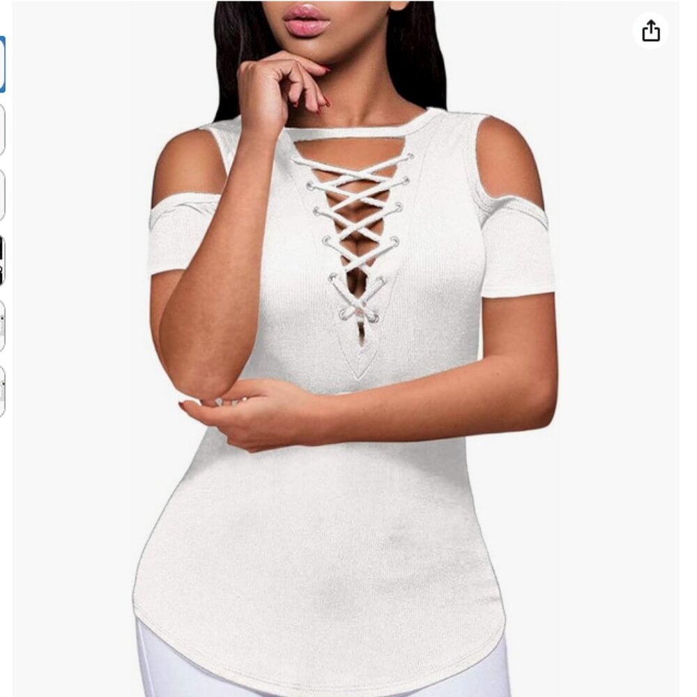 Plus Sexy VNeck Cold Shoulder short Sleeve White Stretch Shirt Lace-Up Ribbed 2X